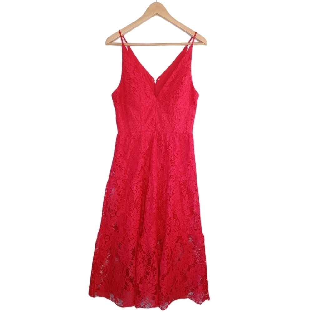 Xscape Red Lace Evening Cocktail Valentine’s Day Midi Dress